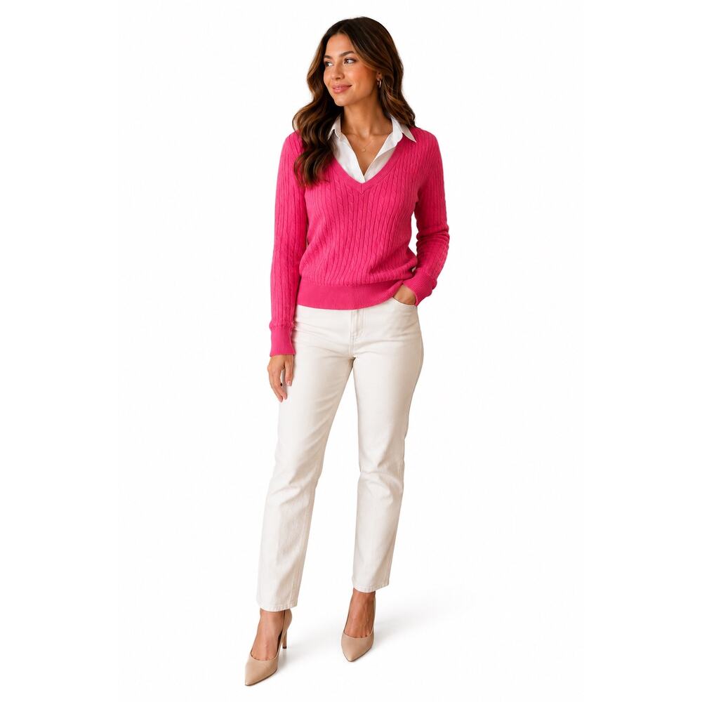 Lauren Ralph Lauren Pink Cable Knit Sweater Layered Collar Preppy Large twofer